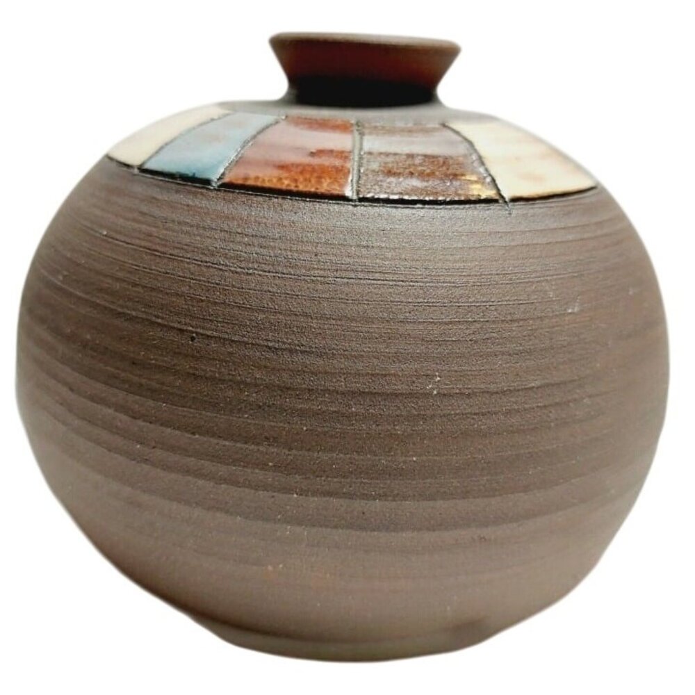 Hand Turned Studio Art Pottery Clay Weed Vase Multicolor Enamel Signed Base
